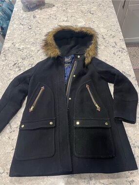 J. Crew Navy Blue Lined Coat with Gold Chain Detail thick wool